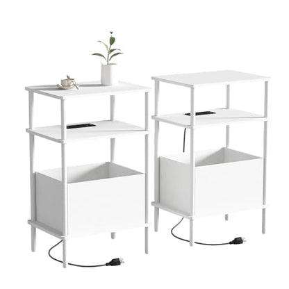 Small Side Table with Charging Station, Set of 2 End Table for Small Spaces, Slim Nightstand with Outlet,Sofa Beside Table, 3-Tier Storage Shelf,Living Room, Bed Room, Natrual White - color: Natrual White