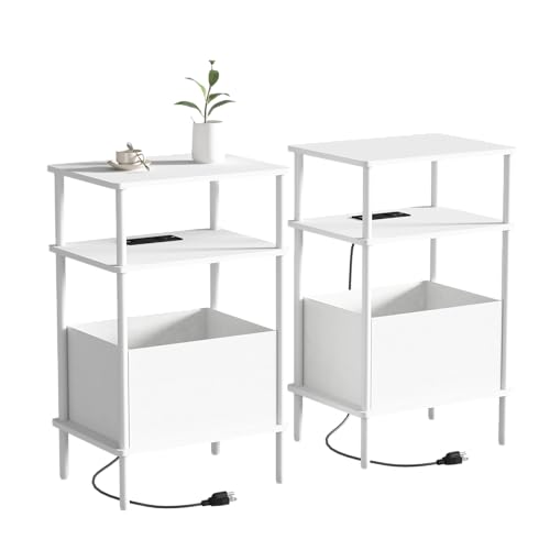Small Side Table with Charging Station, Set of 2 End Table for Small Spaces, Slim Nightstand with Outlet,Sofa Beside Table, 3-Tier Storage Shelf,Living Room, Bed Room, Natrual White - color: Natrual White