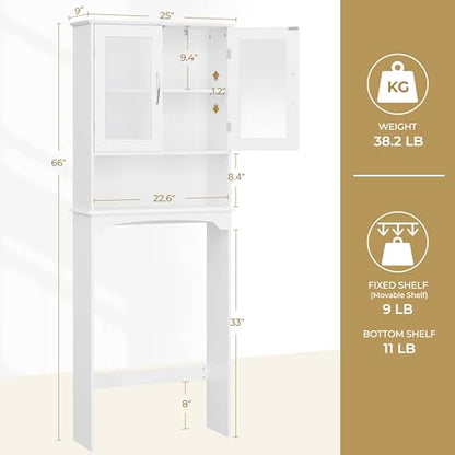 Yaheetech Over The Toilet Storage Cabinet with Double Tempered Glass Doors and Adjustable Shelf, Freestanding Bathroom Storage Rack, 66 Inches Height - color: White