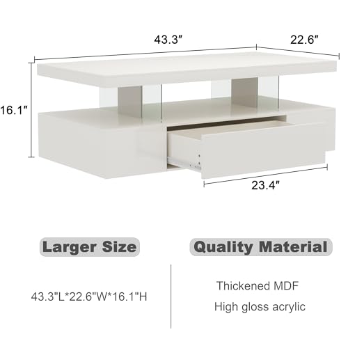ChooChoo Modern LED Coffee Table, High Glossy Center Table with Drawer, Rectangle Coffee Table with Storage for Living Room, Bedroom, White