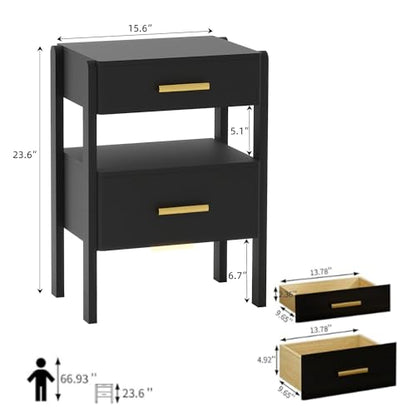 Nightstand with 2 Drawers and Open Shelf Wooden Bedside Table Gold Handles Modern Storage Night Stand Sensor Light for Bedroom, Black - color: Black