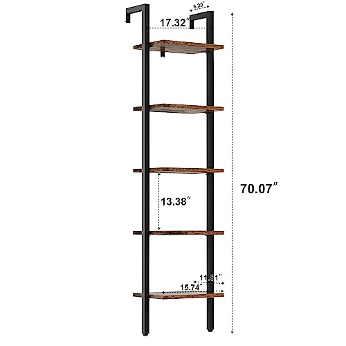 YMYNY 5 Tiers Ladder Bookcase, Industrial Wall Mounted Bookshelf, Open Display Rack with Metal Frame, Wooden Storage Shelves for Bedroom, Home Office, Plant Stand, Rustic Brown, 70*17.3*11.8"UHBC015H - color: Rustic Brown