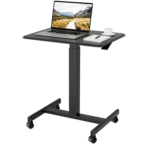 BONTEC Mobile Standing Desk Adjustable Height, Rolling Laptop Cart with Hook, Portable Workstation with Pneumatic Lift, Ergonomic Table with Wheels, Compact Home Office Desk, Black, 25.6" x 18.9" - color: Black, size: 25.6" x 18.9"
