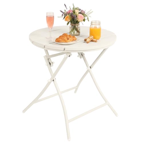 TeoKJ Folding Small Outdoor Side Tables, HDPS Patio Table with Metal Legs, Outdoor Small Round Table for Garden,Deck, No Assembly Patio Table Round Nightstand for Porch Yard Balcony Deck Lawn, White - color: Cream White