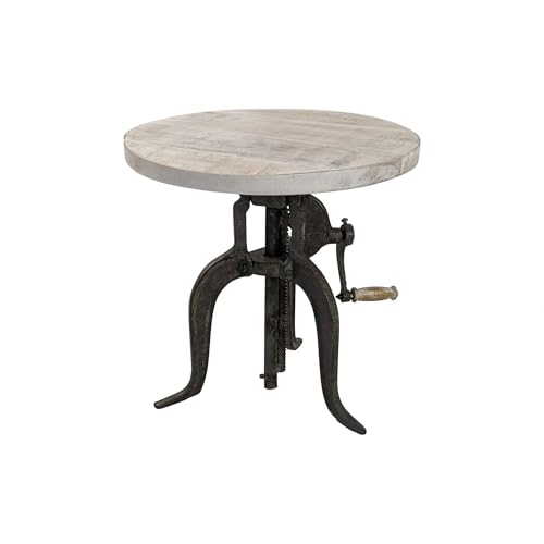 Carolina Chair & Table Adjustable Hand Crank 18" Wooden Top Rustic Side Table - Cast Iron Base Round Accent Table for Farmhouse, Living Room, or Bedroom (Natural Driftwood/Aged Iron) - color: Natural Driftwood/Aged Iron