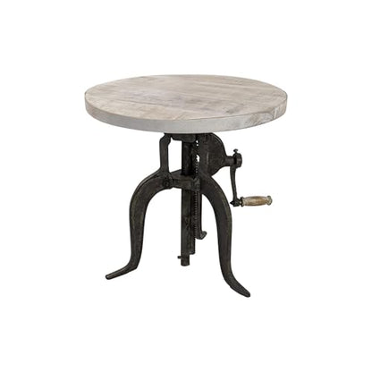 Carolina Chair & Table Adjustable Hand Crank 18" Wooden Top Rustic Side Table - Cast Iron Base Round Accent Table for Farmhouse, Living Room, or Bedroom (Natural Driftwood/Aged Iron) - color: Natural Driftwood/Aged Iron