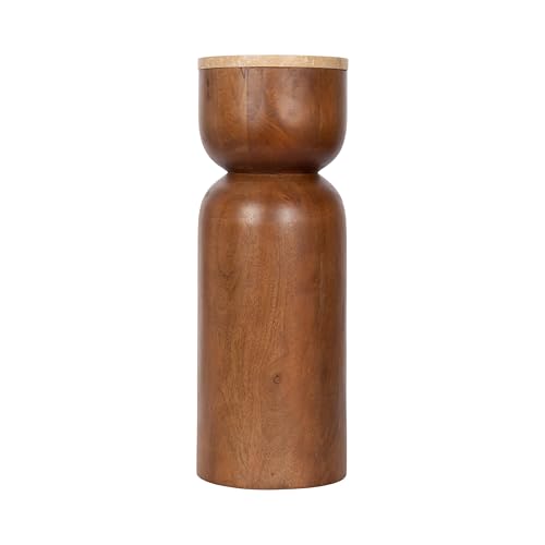 Kate and Laurel Teo Transitional Mango Wood Drink Table, 8 x 8 x 22, Walnut Brown and Natural Travertine, Sculptural Bedroom Nightstand with Unique Pedestal Table Design for Use as Indoor Plant Stand - color: Walnut Brown