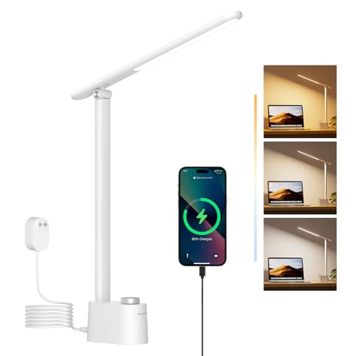 Honeywell LED Desk Lamp - Sunturalux Desk Lamps for Home Office with USB A+C Charging Ports, 3 Color Modes Stepless Dimmable Eye-Caring Foldable Desk Light for Bedroom Table Reading Study(White) - color: White