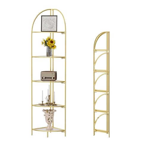 Crofy 5-Tier Foldable Corner Shelf, Metal Gold Frame & Transparent Shelves | Corner Plant Stand, Corner Display Rack, Multipurpose Shelving Unit for Living Room, Bedroom and Bathroom - color: Gold Frame & Transparent Shelf, size: 5 Tier