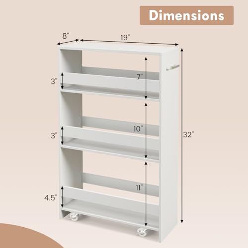 LOKO 4-Tier Rolling Storage Cart, 8 Inches Slim Kitchen Cart on Wheels with Open Shelves & Handle, Laundry Room Cart Between Washer and Dryer, for Narrow Space Bathroom Next to Fridge (White) - color: White