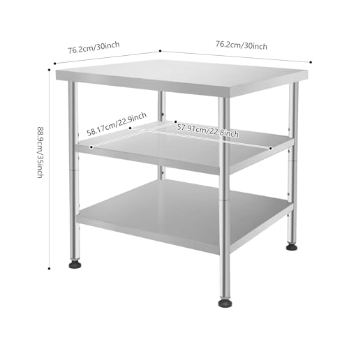 30x30x35in 3-Tier Stainless Steel Work Table with Casters & Foot Pads, Adjustable Shelves, 580 lbs Load Capacity, Space-Saving Utility Cart for Kitchen, Garage, Restaurant, Commercial & Home Use - size: 30 X 30 X 35 Inches