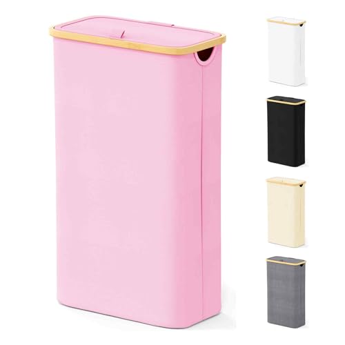 SpaceAid Slim Laundry Hamper with Lid, 65L Narrow Clothes Basket Bin with Bamboo Handles, Skinny Tall Collapsible Hamper for Bedroom, Bathroom, Dorm, Laundry Room - Pink - color: Pink, size: 65 L
