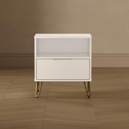 Manhattan Comfort Avira 20 Inch Nightstand with Drawer and Shelf, Mid Century Modern Bedroom Stand with Storage, Compact Side End Table with Metal Legs, White - color: White
