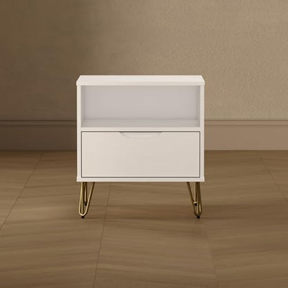 Manhattan Comfort Avira 20 Inch Nightstand with Drawer and Shelf, Mid Century Modern Bedroom Stand with Storage, Compact Side End Table with Metal Legs, White - color: White