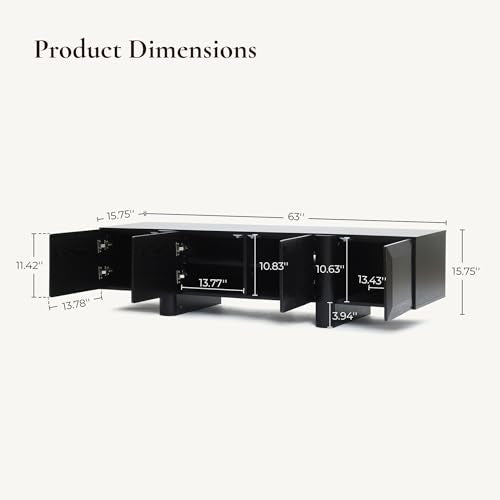 LuxenHome 63" Black TV Stand for Living Room, Modern Media Console Cabinet | Fits for TVs up to 65", Low-Profile TV Entertainment Center with Storage, Geometric Door Fronts