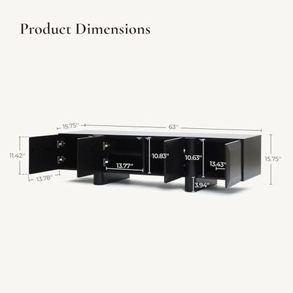 LuxenHome 63" Black TV Stand for Living Room, Modern Media Console Cabinet | Fits for TVs up to 65", Low-Profile TV Entertainment Center with Storage, Geometric Door Fronts