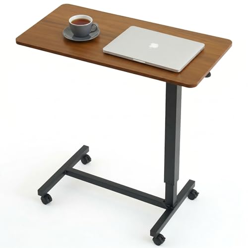 Careboda Overbed Table with Wheels Pneumatic Height Adjustable-Brown | Rolling Bedside Table for Home Hospital&Office