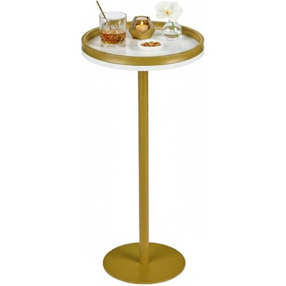 Martini Table, Small Round Drink Table with Weighted Base,Modern White & Gold Pedestal End Table with Tray Top Edge for Small Spaces, Living Room, Next to Sofa,24.7 "Tall - color: White + Gold