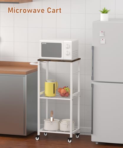 Kitchen Microwave Stand Cart with Storage Rack, 3-Tier Rolling Kitchen Side Table on Wheels with 8 Hooks, Utility Small Coffee Shelf Organizer for Living Room, Bedroom, Bathroom, Office, White