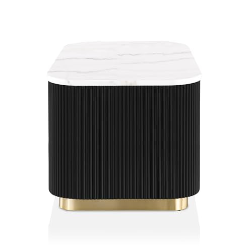 Furniture of America Beryl Modern Square White Genuine Marble Top End Table with Fluted Pedestal Base and Gold Stainless Steel Accent, Low Profile Table for Living Room, Home Office, Black - size: End Table, style: Square