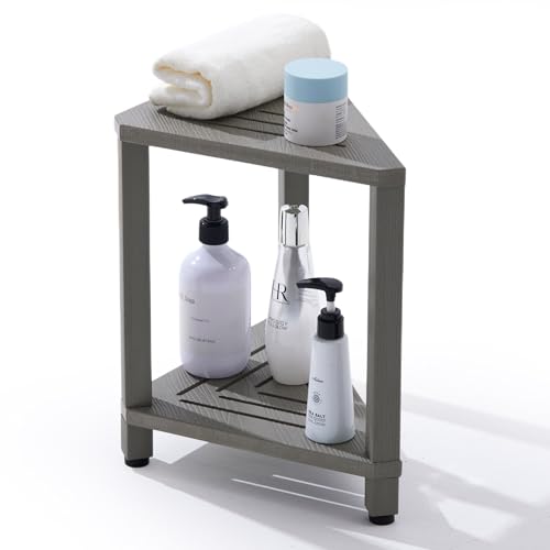 Corner Shower Stool with Storage Shelf, HDPS Waterproof Shower Foot Rest for Shaving Legs, 2-Tier Triangle Bathroom Stool for Inside Shower, Non-Slip Small Shower Bench, Gray - color: Grey