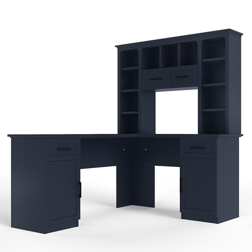 L-Shaped Home Executive Desk with 2 Cabinets and 2 Drawers, Computer Desk with Power Outlet, 11 Open Shelves and 1 Right Flip Shelf with Storage for Study, Living Room and Office (Antique Blue-02) - color: Antique Blue-02