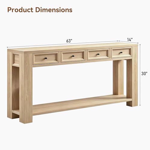 FUSOU 63 Inch Console Table, Sofa Table Behind Couch, Entryway Table with 4 Drawers & Open Shelf, Farmhouse Sofa Table for Living Room (Natural) - color: Natural