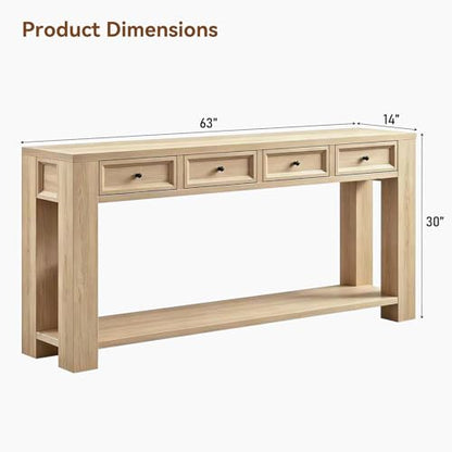 FUSOU 63 Inch Console Table, Sofa Table Behind Couch, Entryway Table with 4 Drawers & Open Shelf, Farmhouse Sofa Table for Living Room (Natural) - color: Natural