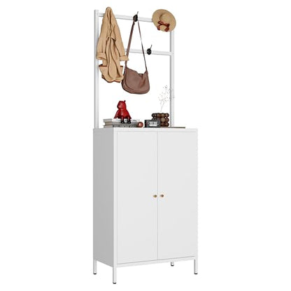 Hall Tree, 72” Shoe Cabinet with Rack, 2-Door Metal Shoe Organizer with 3 Adjustable Shelves & 5 Hooks, Farmhouse Hallway Cabinet for Shoes, Hats, and Keys, White