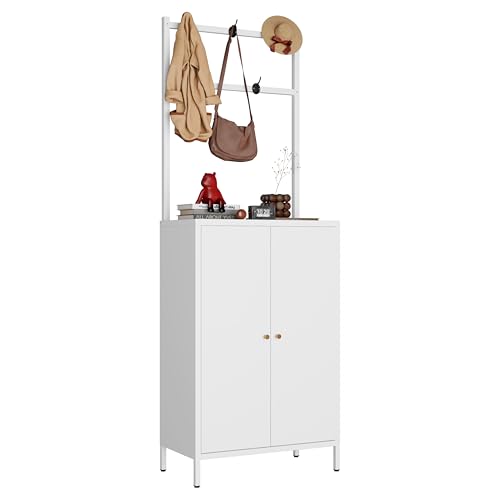 Hall Tree, 72” Shoe Cabinet with Rack, 2-Door Metal Shoe Organizer with 3 Adjustable Shelves & 5 Hooks, Farmhouse Hallway Cabinet for Shoes, Hats, and Keys, White