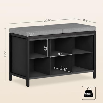YATINEY Shoe Storage Bench with Cushion, Entryway Bench, Shoe Rack with Padded Seat and 6 Oxford Compartments, for Closet, Bedroom, Entryway, Black and Gray HX01BK