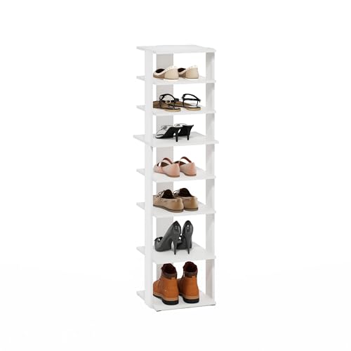 Furinno Compact Vertical Shoe Rack, 8-Tier Narrow Shoe Organizer, Free Standing Shoe Storage, Shoe Shelf for Boots, Sneakers, 12 x 12.6 x 46.7, for Closet, Entryway, Office, Garage, White - color: White, size: 8-Tier, 46.7 Inch