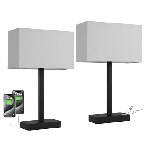 Hong-in Touch Lamps for Bedroom - 3-Way Dimmable Bedside Lamps Set of 2 with USB C+A, Grey Modern Table Lamp for Night Stands, Desk Lamp for Living Room Nightstand End Tables Bed Side - color: A. Grey&Black