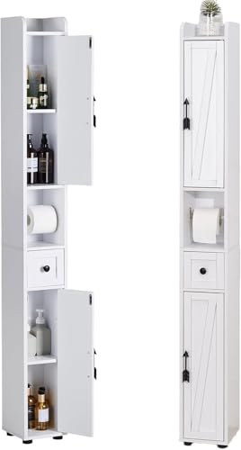 VECELO Narrow Bathroom Storage Cabinet with Adjustable Shelves, 67" Tall Freestanding Cabinet with Toilet Paper Holder, Slim Tower Cabinet with Two Magnetic Doors & Drawer, for Small Spaces, White - color: Cabin Top