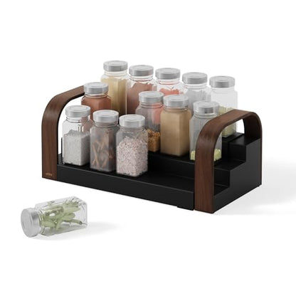 Umbra Bellwood Three-Tier Spice Shelf, Expandable Design Made of Durable Plastic and Wood, Black/Walnut - color: Black/Walnut