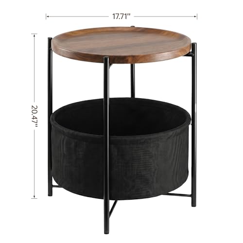 danpinera Side Table with Wood Removable Tray, Nightstand with Basket | Small Round Table for Small Space, Living Room, Bedroom, Nursery, Modern Accent Stand with Serving Tray, Walnut - color: Walnut