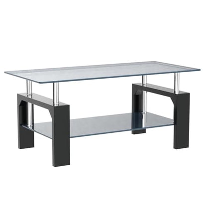 Btrpily Living Room Rectangle Coffee Table, Tea Table Suitable for Waiting Room, Modern Side Coffee Table with Wooden Leg, Glass Tabletop with Lower Shelf, 39.5D x 23.5W x 17.5H in, Black - color: Black