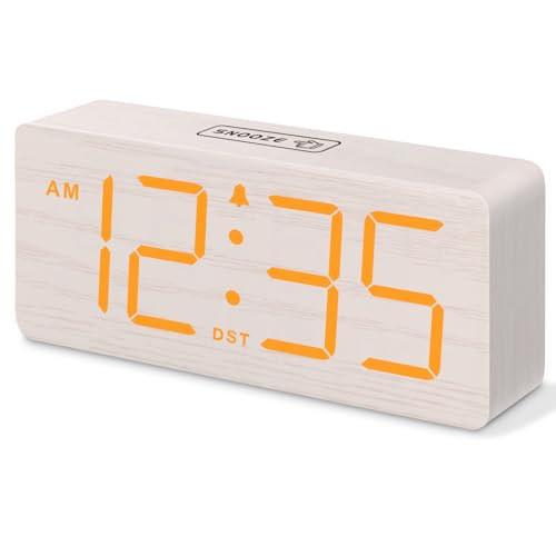 DreamSky Wooden Digital Alarm Clock for Bedroom with Large Numbers | Loud Alarm Clock for Heavy Sleepers with Volume Control, Desk Clocks for Living Room, Dimmer, DST, Wood Decor (Plug in Clock) - color: White-amber (Plug-in)
