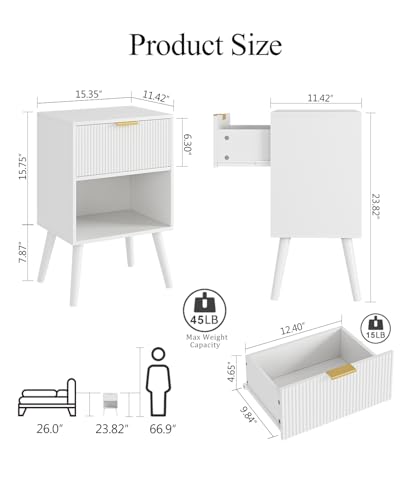 Aienvey Nightstand, Small Bedside Table with Storage Drawers, White Stripe | Modern Night Stand with Drawer and Wood Leg, Small Side Table with Open Shelf, End Table for Bedroom,Living Room,Small Spaces - color: White Stripe