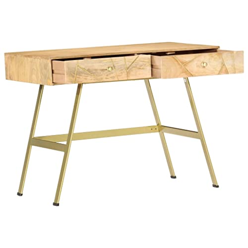 Industrial Computer Desk with 2 Drawers 39.4" Solid Mango Wood and Steel Writing Table for Home Office Small Spaces Natural Brass - color: Solid Mango Wood