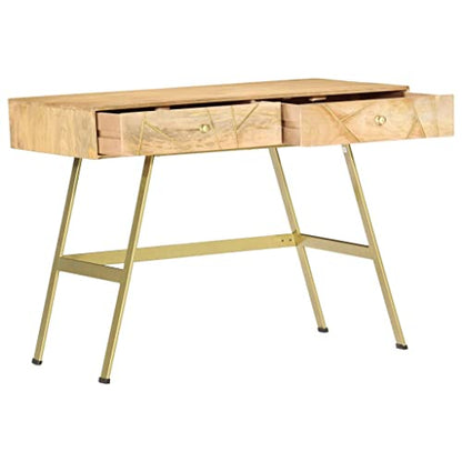 Industrial Computer Desk with 2 Drawers 39.4" Solid Mango Wood and Steel Writing Table for Home Office Small Spaces Natural Brass - color: Solid Mango Wood