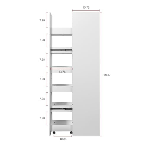 6-Tier Slim Rolling Cart, White | Wooden Spice Rack on Wheels, Mobile Storage Shelving Unit, For Kitchen, Bathroom & Laundry, Narrow Pull-Out Pantry Organizer