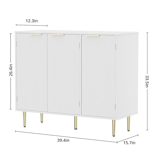 Housoul Fluted Sideboard Buffet Cabinet with 3 Doors, White | Kitchen Storage Cabinet with Adjustable Shelves & Golden Handles, Modern Accent Cabinet, Coffee Bar for Kitchen, Living Room - color: White