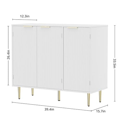 Housoul Fluted Sideboard Buffet Cabinet with 3 Doors, White | Kitchen Storage Cabinet with Adjustable Shelves & Golden Handles, Modern Accent Cabinet, Coffee Bar for Kitchen, Living Room - color: White