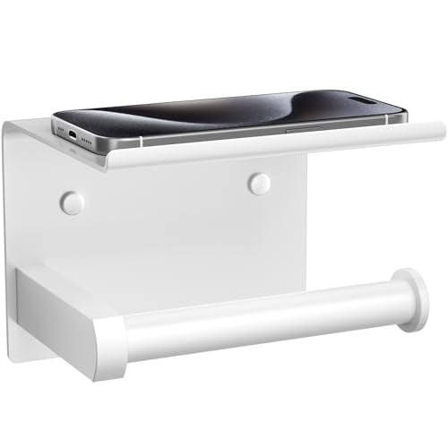 Tindbea Toilet Paper Holder with Phone Shelf, Adhesive or Screw Wall Mount Toilet Tissue Roll Holder, Rustproof & Multifunctional Stainless Steel Bathroom Storage Dispenser (White) | Heavy Duty Stainless Steel White - color: F-white