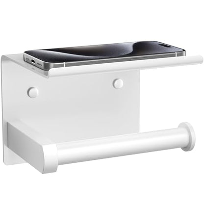 Tindbea Toilet Paper Holder with Phone Shelf, Adhesive or Screw Wall Mount Toilet Tissue Roll Holder, Rustproof & Multifunctional Stainless Steel Bathroom Storage Dispenser (White) | Heavy Duty Stainless Steel White - color: F-white