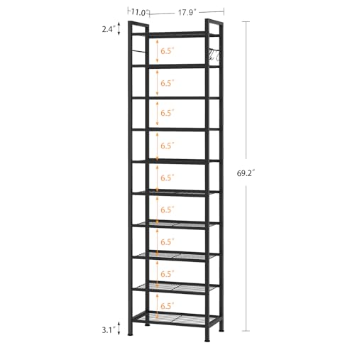 usikey 10 Tiers Narrow Shoe Rack 20-30 Pairs, Sturdy Metal Tall Shoe Rack Shelf with 4 Hooks, Slim Shoe Storage with Metal Shelf, Space Saving Vertical Shoe Organizer for Closet Entryway, Black - color: 10 Tier ( 17.9 X 11 X 69.2 Inches)-black