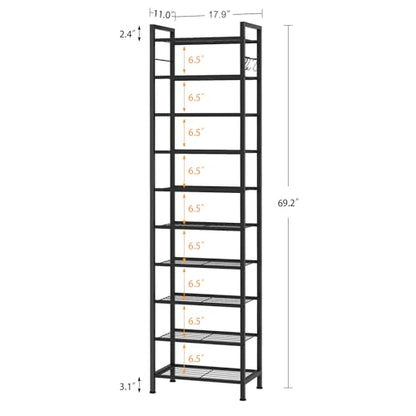 usikey 10 Tiers Narrow Shoe Rack 20-30 Pairs, Sturdy Metal Tall Shoe Rack Shelf with 4 Hooks, Slim Shoe Storage with Metal Shelf, Space Saving Vertical Shoe Organizer for Closet Entryway, Black - color: 10 Tier ( 17.9 X 11 X 69.2 Inches)-black