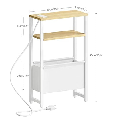 Narrow Side Table with Charging Station Slim End Table Sofa with Magazine Rack, Bedside Table for Small Spaces, 3 Tier Nightstand for Living Room Couch, Bedroom Natural LET503YE - color: Natural, style: With Charging Station
