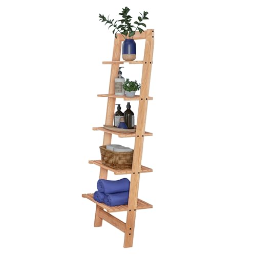 5-Tier Ladder Shelf - 50-Inch Narrow Leaning Bookshelf - Wooden Bookcase for Living Room, Bathroom, Kitchen, Office, or Bedroom Furniture by Lavish Home (Oak) - color: Pickled Oak